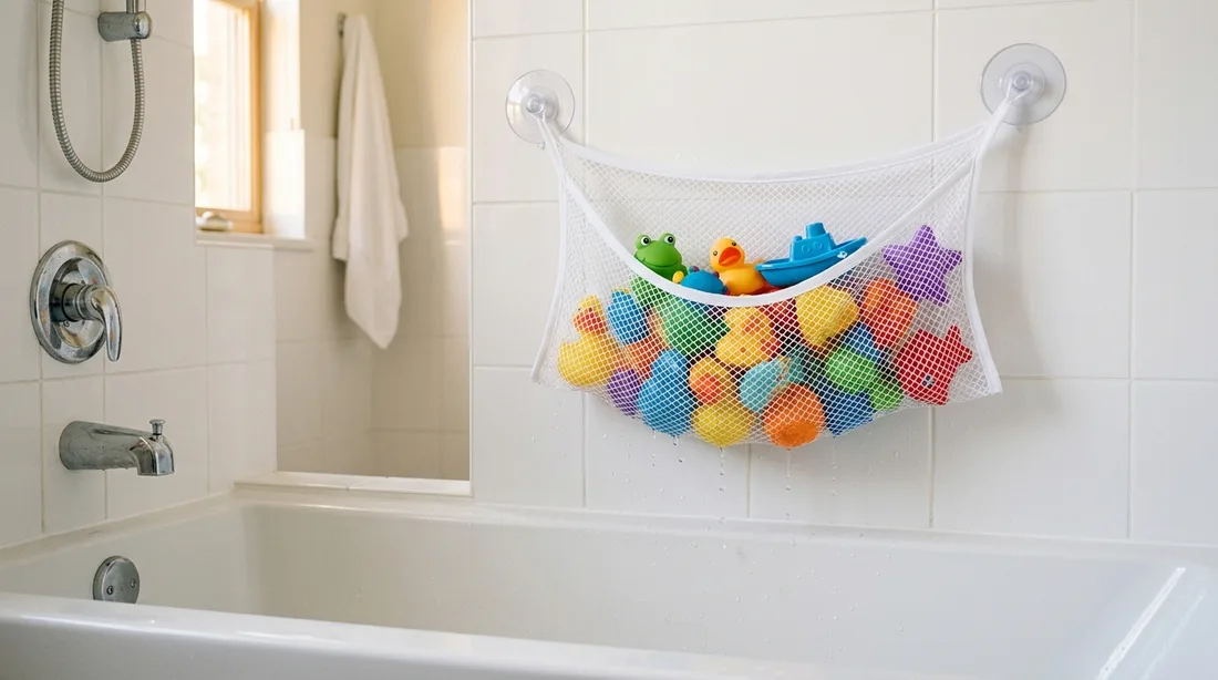 Weißes Netz mit Saugnäpfen an der Fliese über der Badewanne, gefüllt mit bunten Badetieren, Wassertropfen laufen unten ab, die Wanne darunter ist leer und trocken