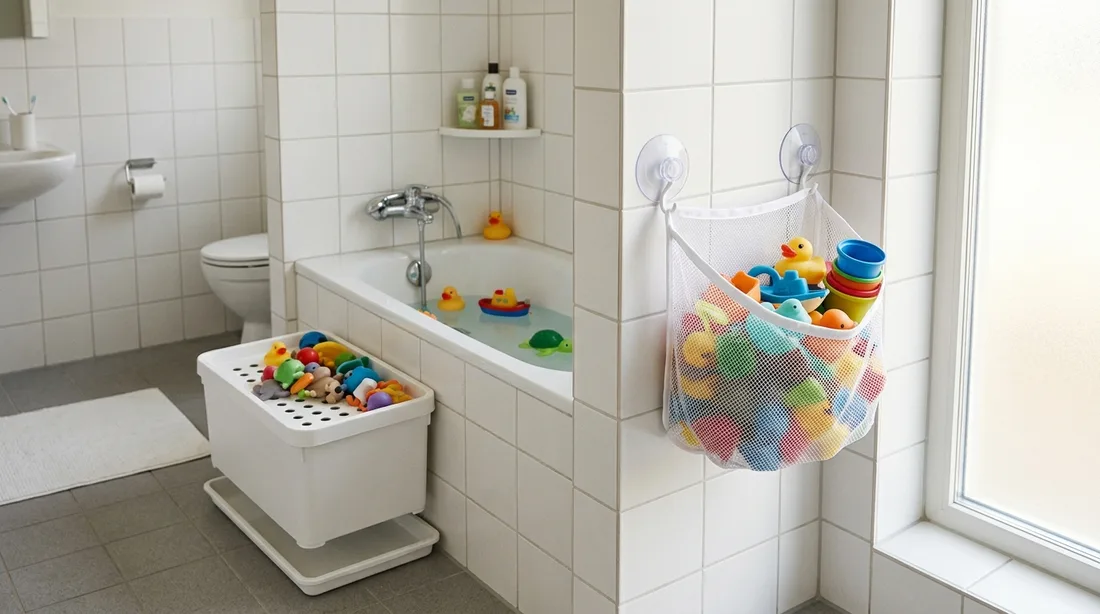 Weißer Netz-Eckkorb mit Saugnäpfen an der Fliese über der Badewanne, daneben ein freistehender weißer Behälter mit Ablauflöchern auf dem Boden
