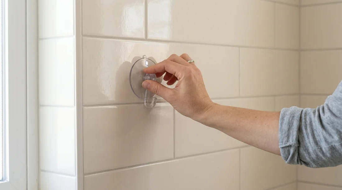 Hand drückt einen Saugnapf an eine glatte, helle Fliesenwand im Bad