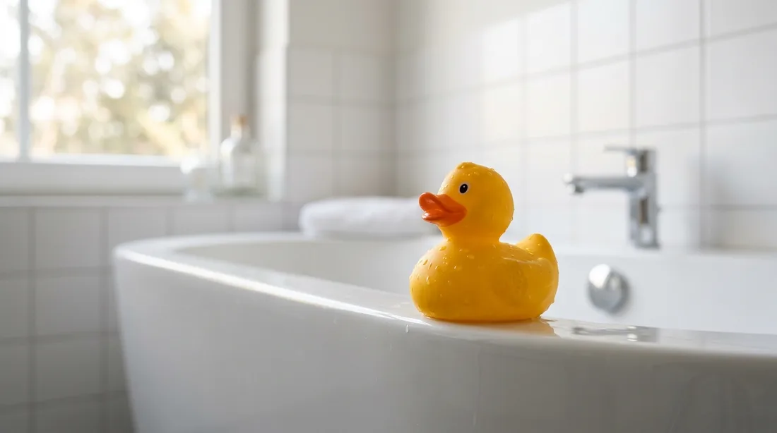 Gelbe Quietscheente auf dem Rand einer hellen Badewanne, im Gegenlicht eines Fensters